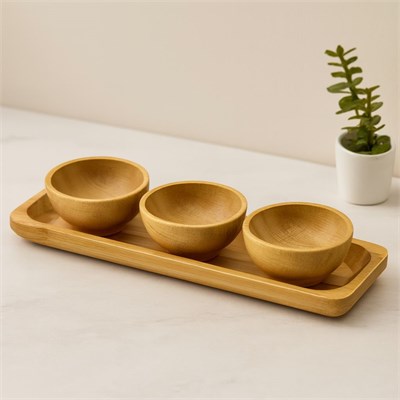 Bambu Lokumluk ve Çerezlik Seti 3lü Sunum Tepsili (6 cm)