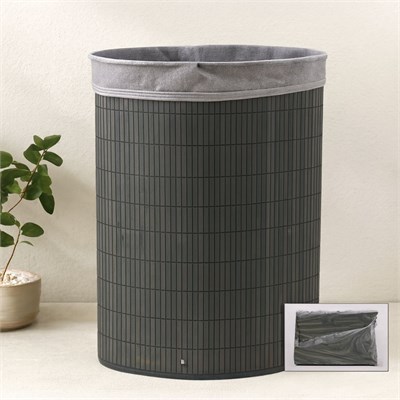 Bambu Üçgen Kirli Çamaşır Sepeti 35x60 cm - Kapaklı, Kumaş Torbalı