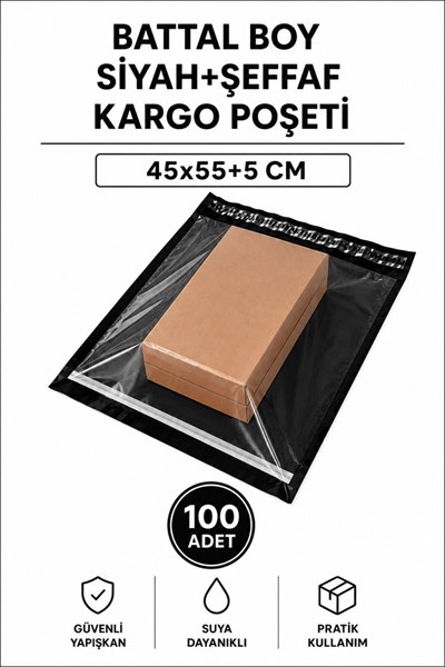 Battal Boy Siyah Şeffaf Kargo Poşeti 45x55+5 Cm 100 Adet