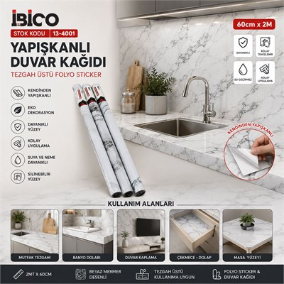 Beyaz Mermer Desenli Kendinden Yapışkanlı Folyo 2m x 60cm