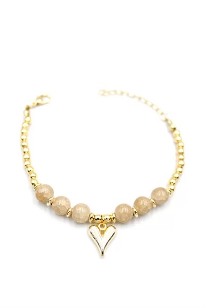Boncuklu Kalp Bileklik - Krem