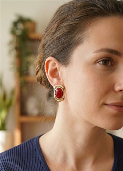 Bordo Renk Kare Model Vintage Kadın Küpe