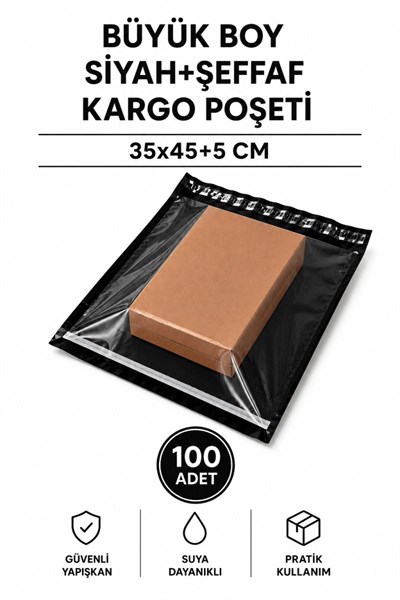 Büyük Boy Siyah Şeffaf Kargo Poşeti 35x45+5 Cm 100 Adet