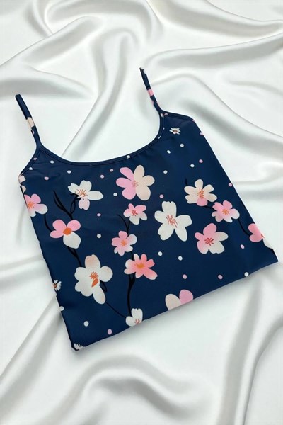 Çiçek Desenli Mavi Askılı Gecelik