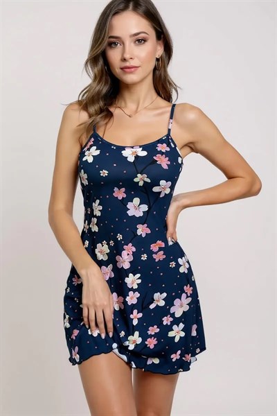 Çiçek Desenli Mavi Askılı Gecelik