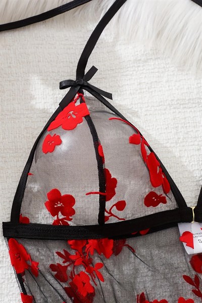 Çiçek Desenli Siyah Transparan Tül Gecelik TM1319