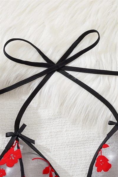 Çiçek Desenli Siyah Transparan Tül Gecelik TM1319