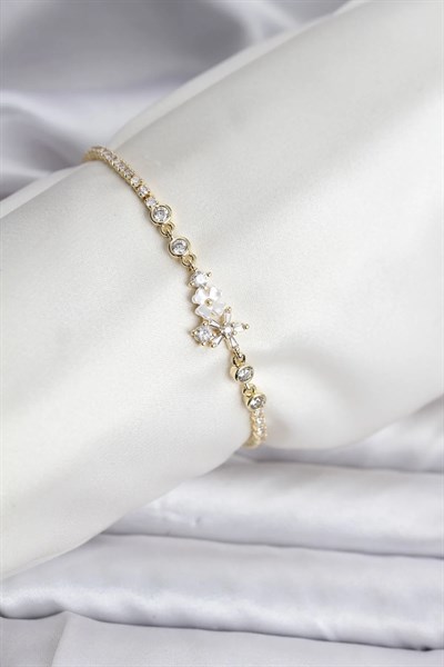 Çiçekli Model Zirkon Taşlı Gold Renk Su Yolu Kadın Bileklik