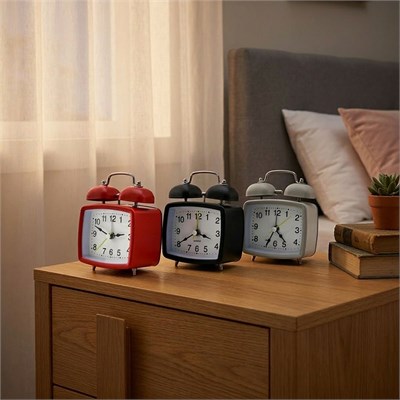 Çift Zilli Metal Masa Alarm Saati (Işıklı, Pilli)