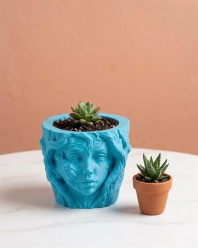 Dekoratif 3D Kadın Yüzü Ağaç Tasarımlı Saksı Vazo Modern Ev Dekoru