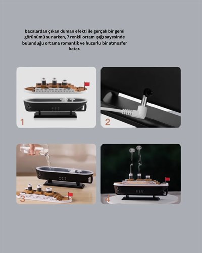 Dekoratif Gemi Modeli 7 Renk Işıklı Hava Nemlendirici ve Oda Kokusu Difüzörü