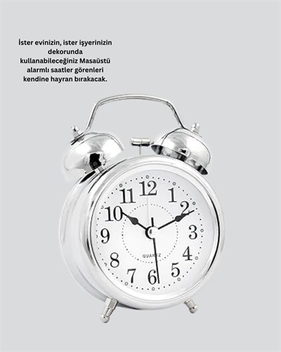 Dekoratif Yuvarlak Gümüş Sessiz Işıklı Masa Üstü Çalar Saat Alarmlı ve Şık Tasarım