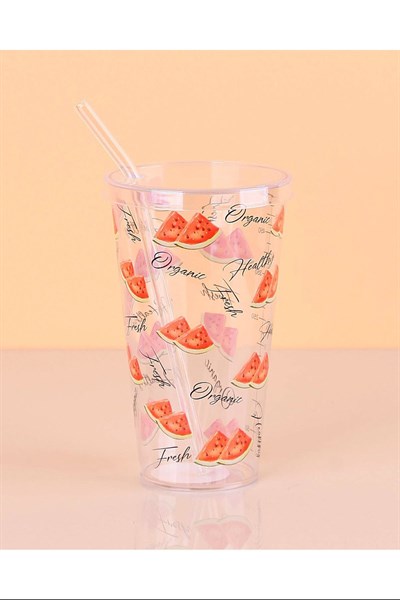 Desenli Plastik Pipetli Bardak 16 Cm 1 Adet Royaleks-ENF-040