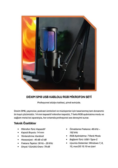 Dexim SM8 USB Kablolu RGB Mikrofon - DMK008