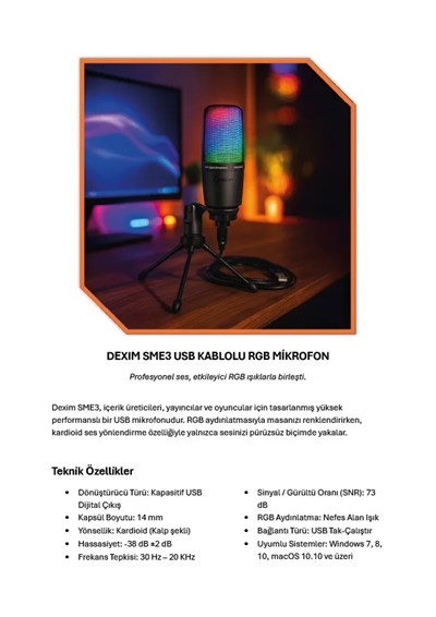 Dexim SME3 USB Kablolu RGB Mikrofon - DMK003