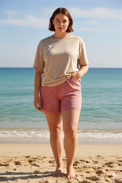 Düz Renk Mini Çiçek Desenli Penye Kadın Ev Şortu Bacak Dantel Detaylı Ev Giyim Pembe