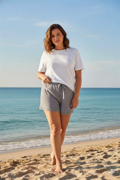 Düz Renk Mini Çiçek Desenli Penye Kadın Ev Şortu Bacak Dantel Detaylı Ev Giyim Gri
