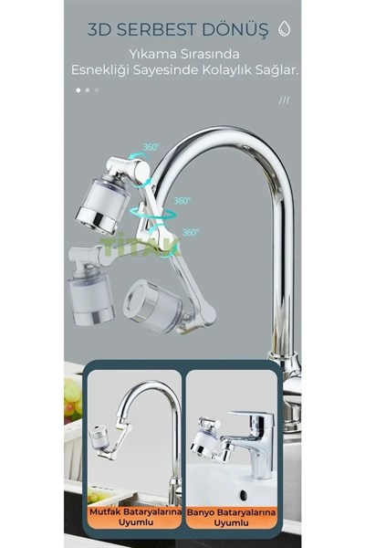 Filtreli Mutfak Banyo Musluk Başlığı 1080 Derece Dönebilen Fonksiyonel Evrensel Büyük Boy