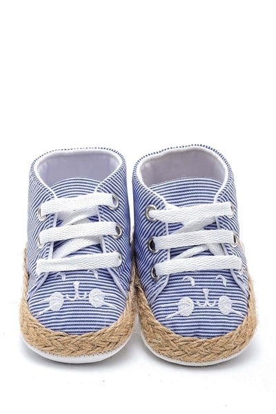First Step Kedi Nakışlı Çizgili Patik - Saks Mavisi 8-12 Ay / No.18