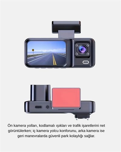 Full HD Üç Kameralı Araç Kamerası G-Sensörlü ve Gece Görüşlü