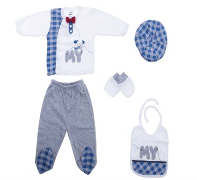 Gaye Bebe 5li Hastane Çıkışı - Ekose Desenli Papyonlu Mavi