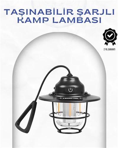 Geometrik Tasarımlı Vintage Kamp Lambası – Type-C Şarj, Ayarlanabilir Parlaklık