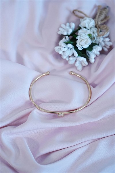 Gold Renk Kelepçe Model Zirkon Taşlı Çelik Bileklik Kaliteli