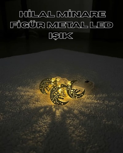 Gold Renk Metal Minareli Hilal LED Işık Pilli Ramazan Süsü