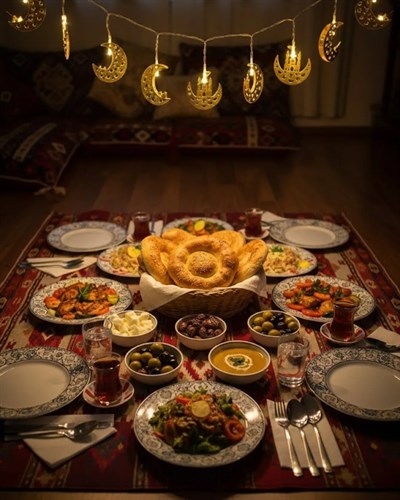 Gold Renk Metal Minareli Hilal LED Işık Pilli Ramazan Süsü