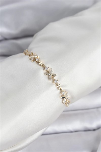 Gold Renk Yonca Model Zirkon Taşlı Asansörlü Kadın Bileklik