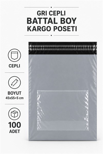 Gri Cepli Battal Boy Kargo Poşeti 45x55+5 Cm 100 Adet