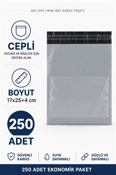 Gri Cepli Mini Boy Kargo Poşeti 17x25+4 Cm 250 Adet