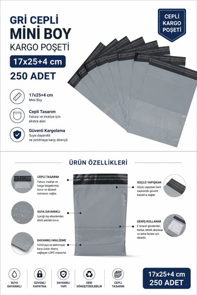 Gri Cepli Mini Boy Kargo Poşeti 17x25+4 Cm 250 Adet