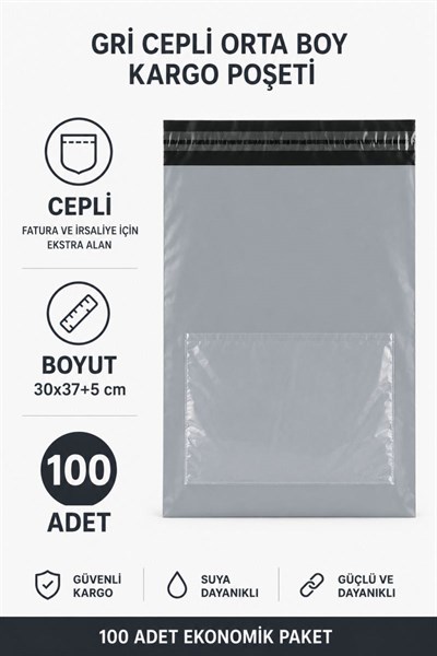 Gri Cepli Orta Boy Kargo Poşeti 30x37+5 Cm 100 Adet