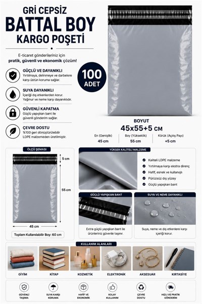 Gri Cepsiz Battal Boy Kargo Poşeti 45x55+5 Cm 100 Adet