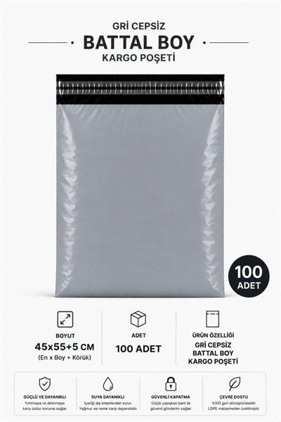 Gri Cepsiz Battal Boy Kargo Poşeti 45x55+5 Cm 100 Adet