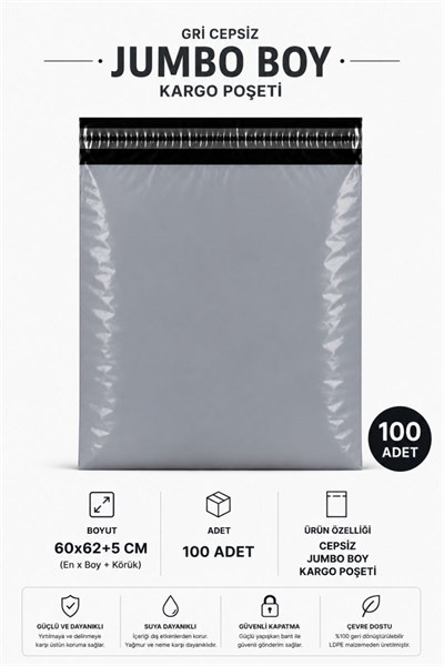 Gri Cepsiz Jumbo Boy Kargo Poşeti 60x62+5 Cm 100 Adet