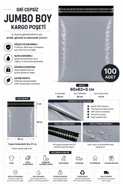 Gri Cepsiz Jumbo Boy Kargo Poşeti 60x62+5 Cm 100 Adet