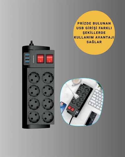 Güçlü Termal Korumalı 8 Priz + 3 USB Çoklu Uzatma Kablosu 2m