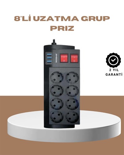 Güçlü Termal Korumalı 8 Priz + 3 USB Çoklu Uzatma Kablosu 2m