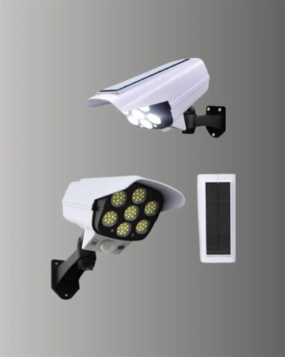 Güneş Enerjili LED Lamba + Güvenlik Kamerası Görünümlü– 5-8 m Hareket Algılamalı, Beyaz Işık