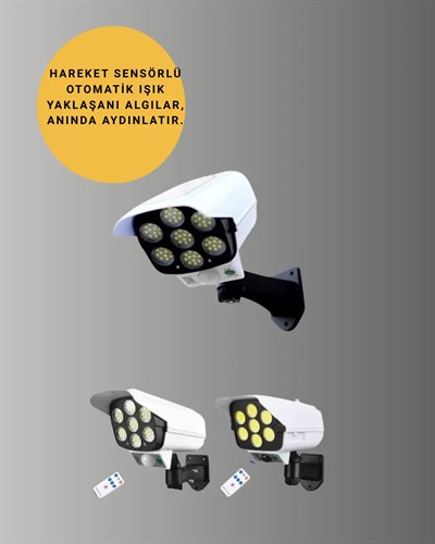 Güneş Enerjili LED Lamba + Güvenlik Kamerası Görünümlü– 5-8 m Hareket Algılamalı, Beyaz Işık