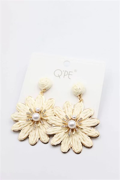 Hasır Çiçek Küpe - Krem