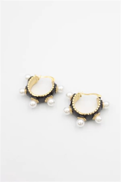 İncili Mineli Halka Küpe - Siyah