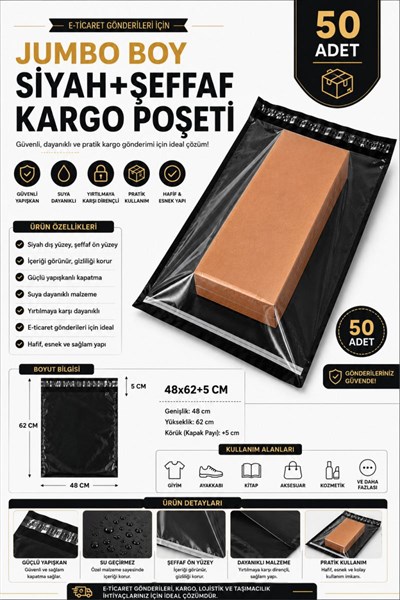 Jumbo Boy Siyah Şeffaf Kargo Poşeti 48x62+5 Cm 50 Adet