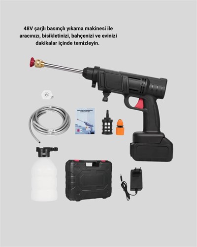 Kablosuz Basınçlı Yıkama Makinesi – 48V Güçlü Motor, 2 Pil ve Köpük Hazneli