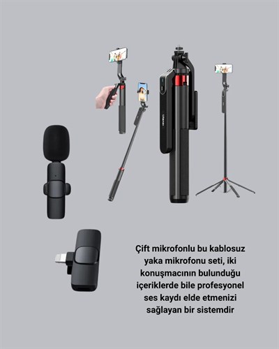 Kablosuz Çift Yaka Mikrofonu ve Tripodlu Selfie Çubuğu İçerik Üretici Seti