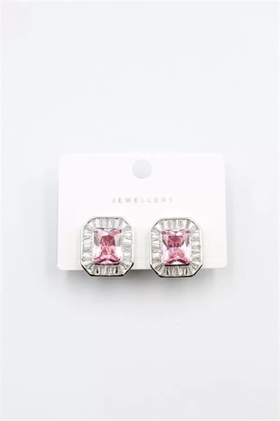 Kare Taşlı Küpe - Pembe
