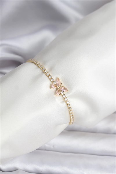 Kelebek Model Zirkon Taşlı Gold Renk Pirinç Su Yolu Kadın Bileklik