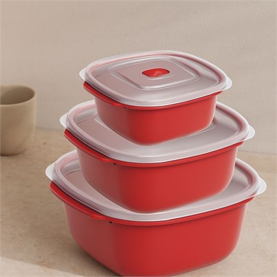 Kırmızı Kare Saklama Kabı Seti 3lü (550/1100/2200 ml)
